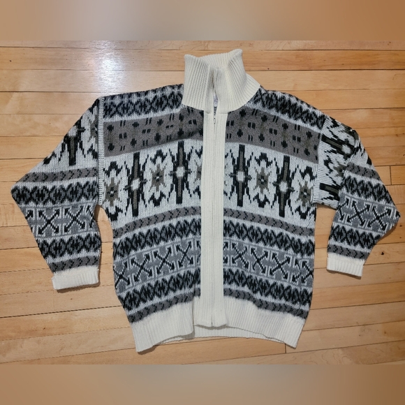 Vintage 80s Clipper Mis Aztec Sweater Jacket The Dude Full Zip Turtleneck USA XL - Picture 2 of 8
